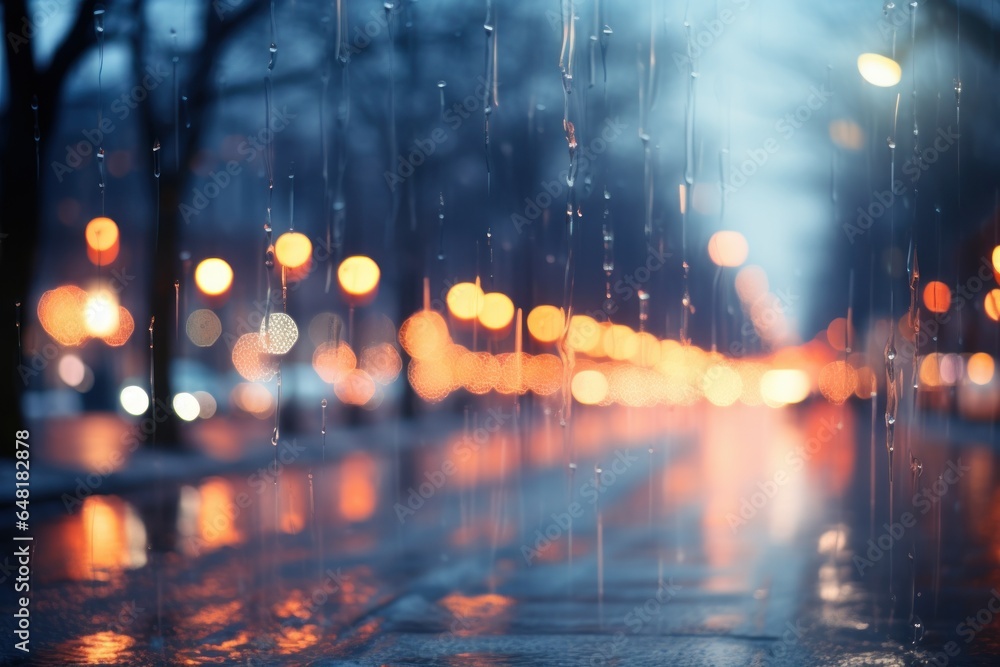 Rain drops on a blurry urban nightlife background with blurry lights through wet window at chilly weather from the cafe on urban background standing for loneliness and beauty of rainy evening