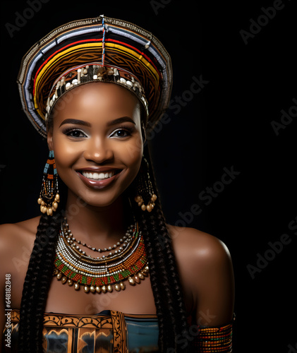 Portrait of a 25 year old beautiful zulu woman. Young African Zulu woman in her 20s smiling to the camera. Traditional African decorations and black background photo