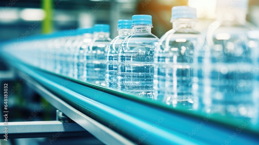 Factory conveyor belt featuring water bottles, seen up close Factory conveyor belt featuring water bottles, seen up close