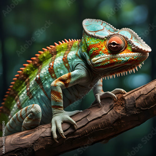 Colorful chameleon sitting on a branch changing his skin color. Impressive color change of a Wild Chameleon. Closeup Photography.