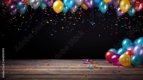 Colorful balloons with ribbon embellishments, set against a wooden wall background with plenty of room for text