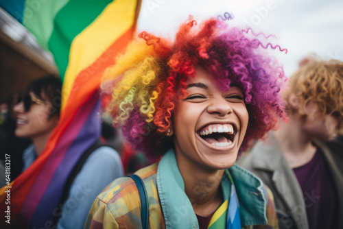 A LGBTQI woman. At a pride parade. Laughing. Happy. Lesbian woman. Colourful hair. Rainbow. LGBT rights. World pride. Diversity and equality. Shallow depth of field. Togetherness.
