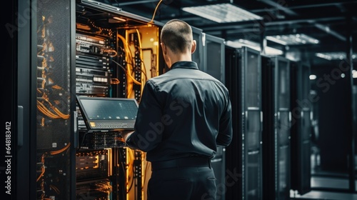 Technician working in a datacenter server room
