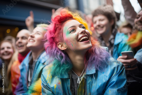 A LGBTQI woman. At a pride parade. In the crowd. Laughing. Happy. Lesbian woman. Colourful hair. Rainbow. LGBT rights. World pride. Diversity and equality. Shallow depth of field. Togetherness.
