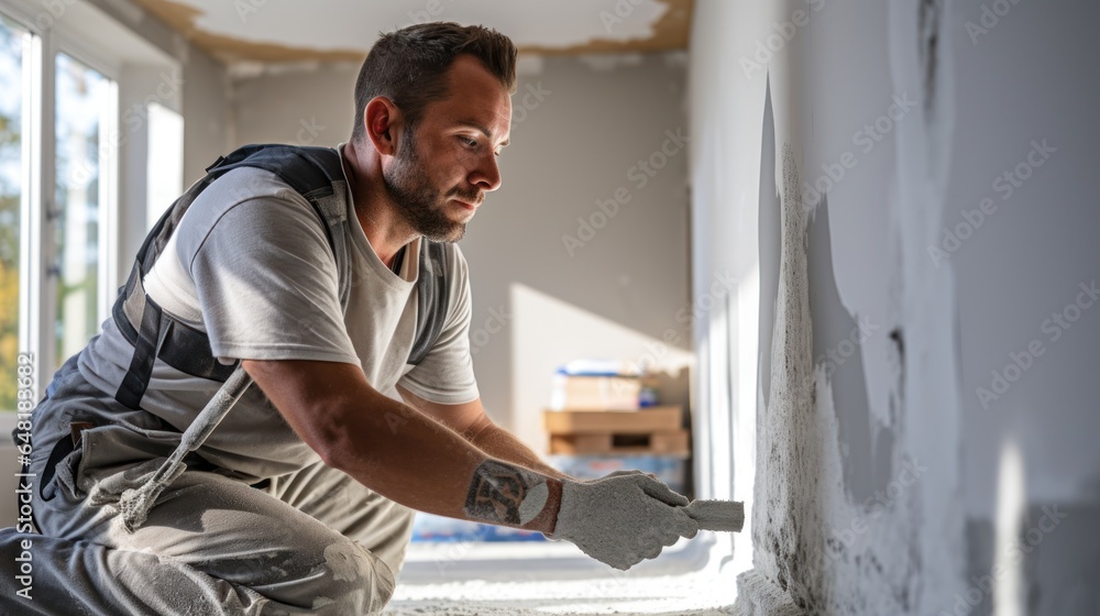 Fototapeta premium Master builder plastering a wall