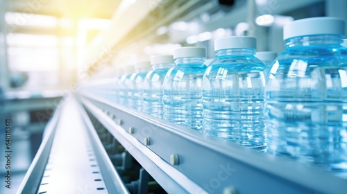 Closeup shot of water bottles progressing on a factory conveyor.