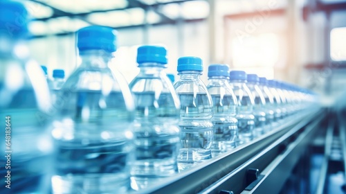 Factory conveyor belt with a close-up focus on water bottles