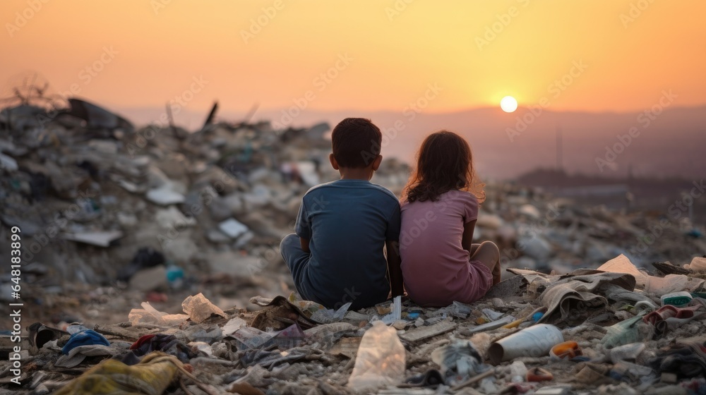 pair of small children seated amidst the garbage, admiring the setting sun.