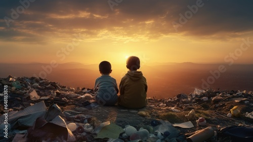 Two young boys are sitting by the garbage dump, gazing at the sunset