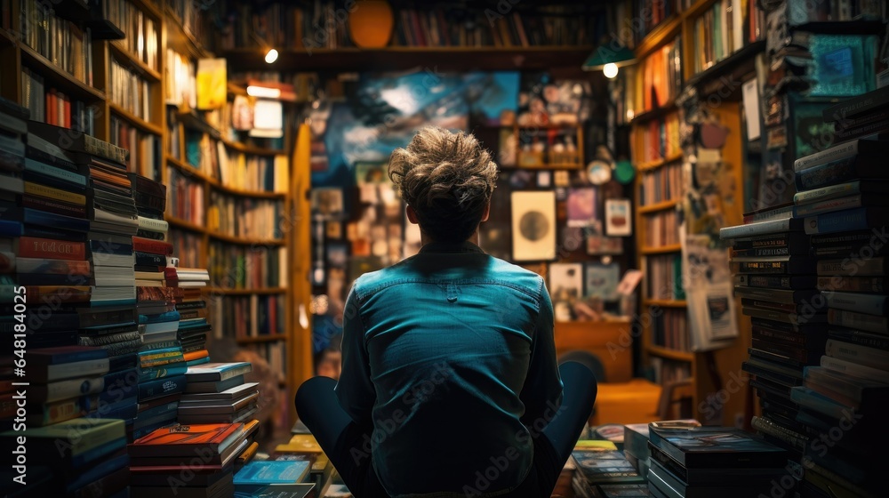 man enjoys a quiet moment, surrounded by shelves filled with books. - obrazy, fototapety, plakaty 