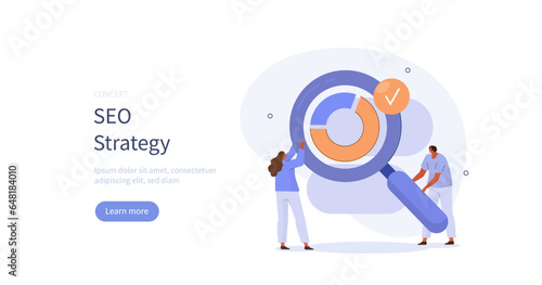 Seo optimization. Characters analyzing search engine data and planning marketing strategy. Digital business concept. Vector illustration.