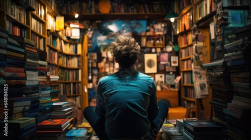 man enjoys a quiet moment, surrounded by shelves filled with books. photo