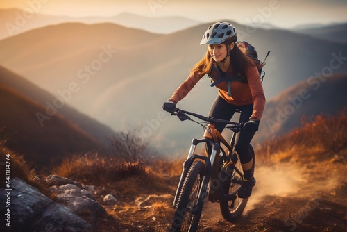 Woman riding bicycle on mountain trail, female cyclist on sports bike