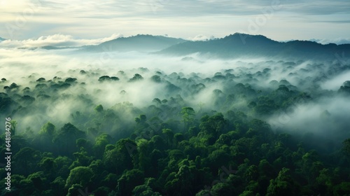 the morning mist blankets a lush tropical rainforest.