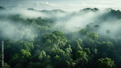 breathtaking aerial view of a tropical rainforest in the morning haze. © pixcel3d