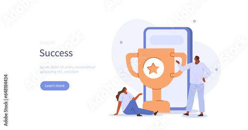 Success. Characters standing near trophy and celebrating achievements. Business activities concept. Vector illustration.
