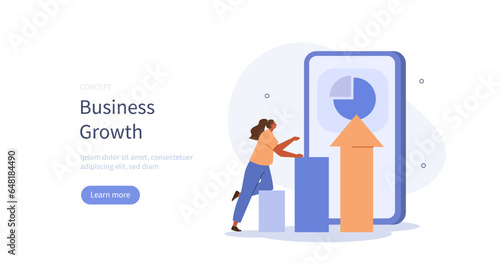 
Corporate growth. Character showing data visualizations for financial statements with charts and graph. Business activities concept. Vector illustration.