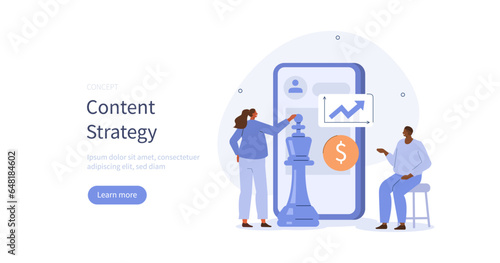 Digital business. Character planning advertising marketing strategy for social media blog. Business activities concept. Vector illustration.
