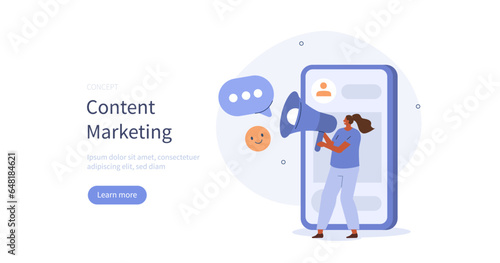 
Digital business. Character holding loudspeaker and promoting social media blog. Business activities concept. Vector illustration.
