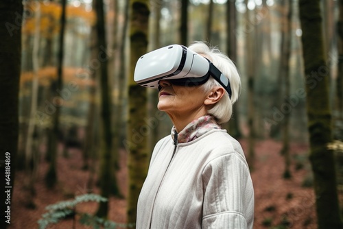 Elderly woman wearing virtual reality glasses on forest background
