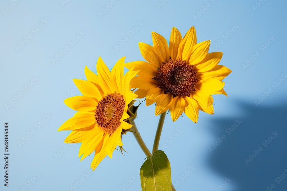 Two sunflowers in the sunny ambience. Light blue background with shadow. Two sunflowers in the sunny ambience. Light blue background with shadow.