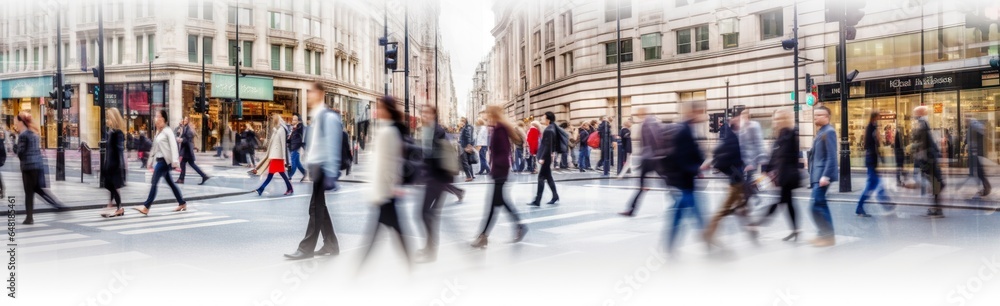 Walking people blur. Lots of people walk in the City of London. Wide panoramic view of people crossing the road.