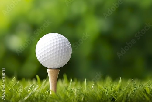 White golf ball on wooden tee with grass. photo
