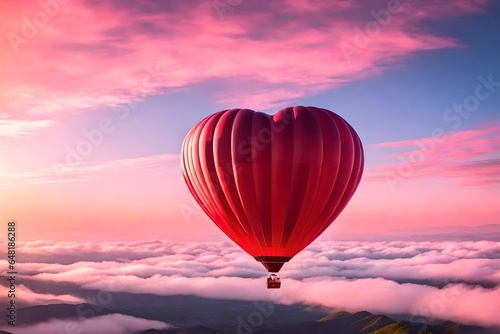 Beautiful red air balloon heart shape against blue and pink pastel sky in a sunny bright morning. Foggy mountains in the background.