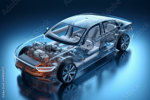 Illustration of an electric car with its internal components and structure visible, depicted in a 3D rendering. Generative AI