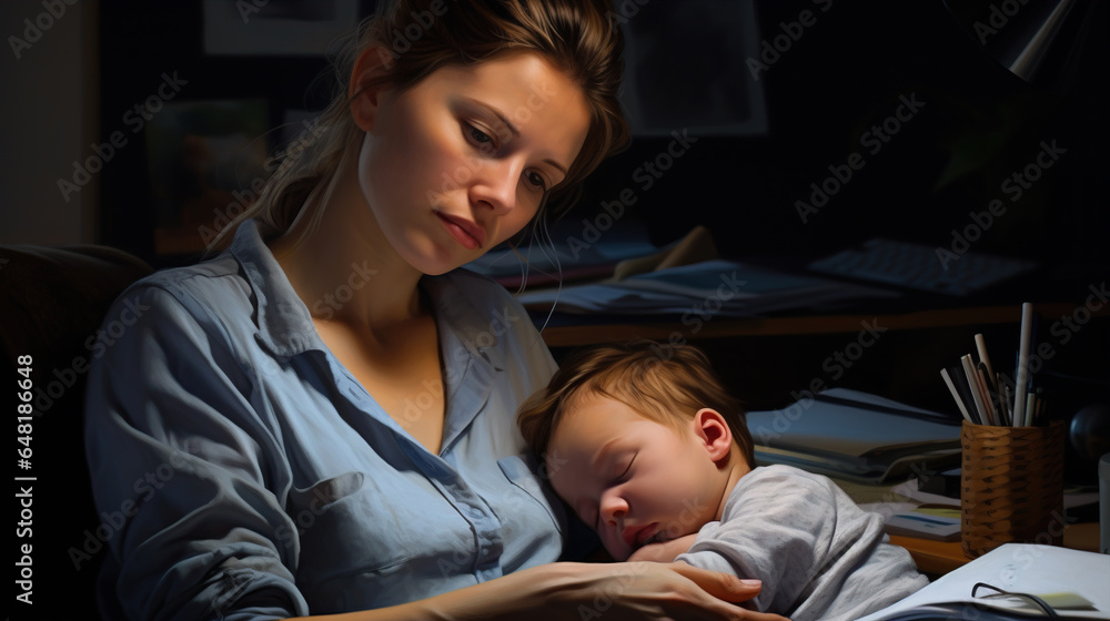 Sleep-Deprived Parent: An office worker with a newborn baby at home is sleep-deprived Sleep-Deprived Parent: An office worker with a newborn baby at home is sleep-deprived