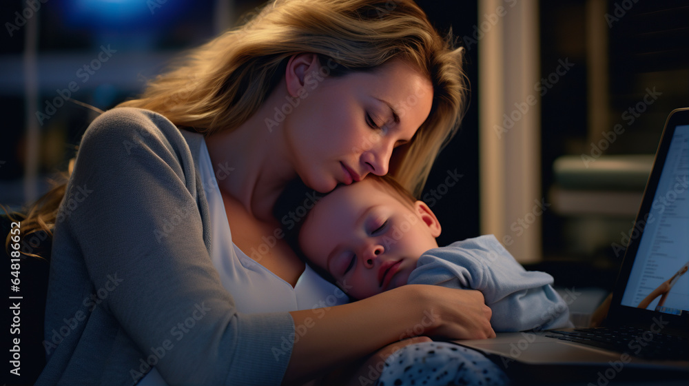 Sleep-Deprived Parent: An office worker with a newborn baby at home is sleep-deprived Sleep-Deprived Parent: An office worker with a newborn baby at home is sleep-deprived