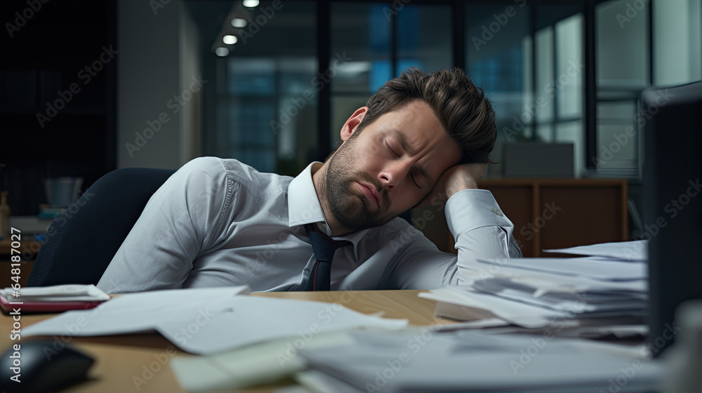 Post-Lunch Slump: An office worker feels drowsy after a heavy lunch. They struggle to stay awake while reviewing reports at their desk - obrazy, fototapety, plakaty 