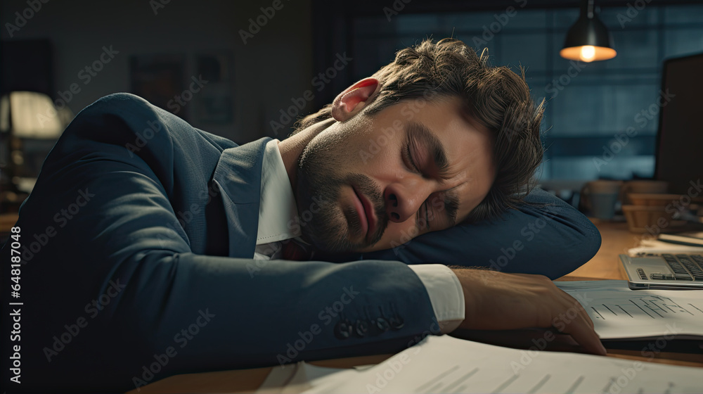 Post-Lunch Slump: An office worker feels drowsy after a heavy lunch. They struggle to stay awake while reviewing reports at their desk Post-Lunch Slump: An office worker feels drowsy after a heavy lunch. They struggle to stay awake while reviewing reports at their desk