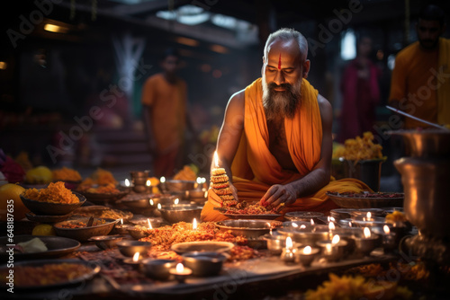A Hindu priest performing a traditional Diwali puja ceremony at a temple. Generative Ai.
