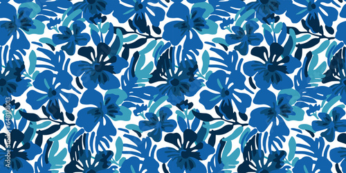 Blue color tropical summer flower seamless pattern illustration. Hand drawn hibiscus floral background print. Spring season texture wallpaper, watercolor jungle plant leaf art.