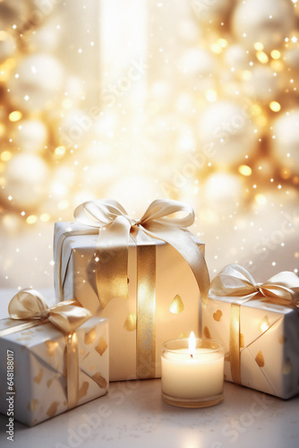 A group of Christmas presents wrapped in white and gold paper with white ribbons and a lit candle in a warm and cozy setting. Blurred bokeh lights is on the background. Festive and Christmas mood.