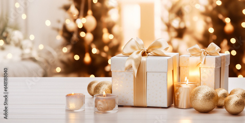 Christmas presents on a white table with gold ornaments scattered around and burning candles. Christmas tree in the blurred background. Festive and warm mood.