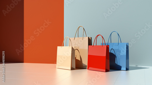 Colorful paper shopping bag on blue orange background for copy space. retail shopping concept