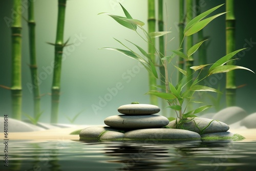 Tranquil Zen garden with stacked pebbles, bamboo leaves, and steam. Generative AI