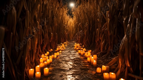 cornstalks lit by candles at night