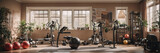 Home gym with exercise equipment. Background