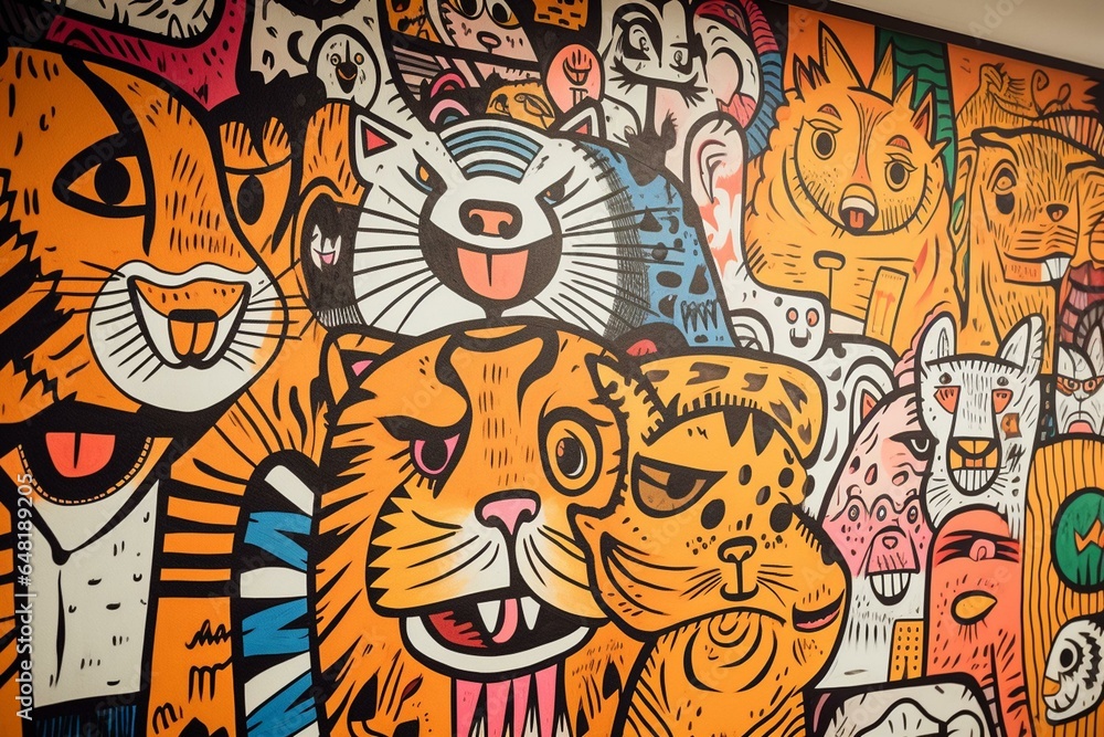 Tiger-themed doodles on a wall. Generative AI