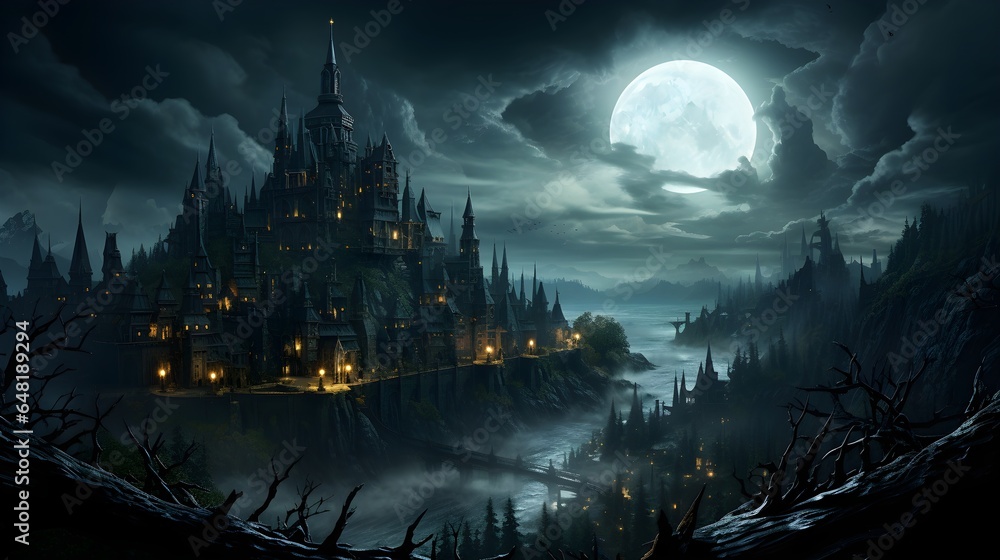 vampire castle on a hilltop with a full moon