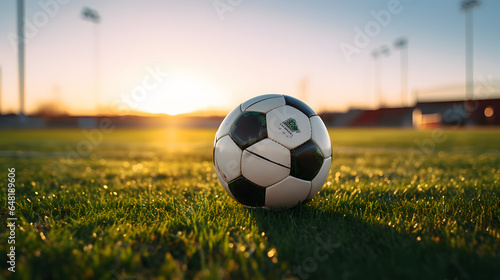 A serene image of a soccer ball resting on a lush grassy field as the sun sets in the background, casting a warm, golden glow © Leon