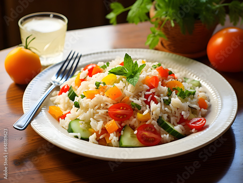 Fresh vegetable salad mixed with cooked rice, healthy vegan meal