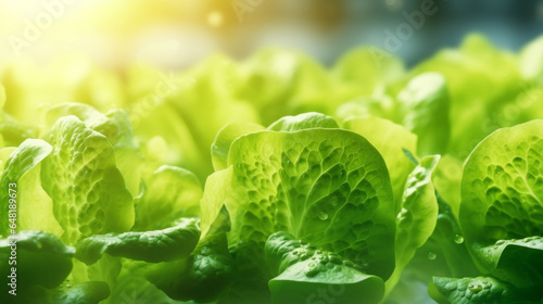 Organic hydroponic vegetable farm. Close up green lettuce cultivate farm photo