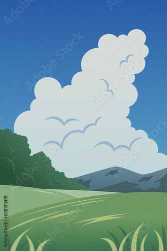 Mountain landscape with forest, green meadows, nature background in flat style.
