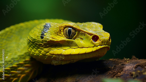 close up of a green and yellow snake