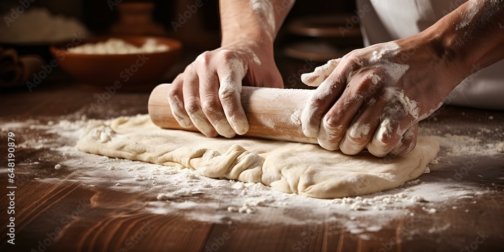 The cook's hands rolling out the dough with a rolling pin.