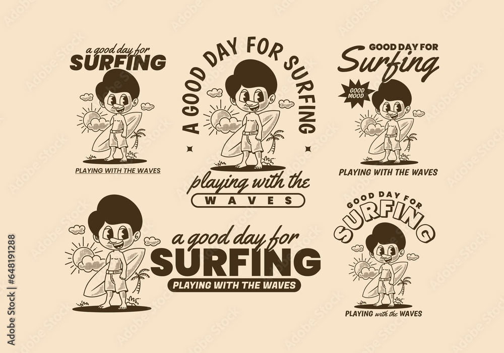 A good day for surfing, retro illustration of a boy standing on the beach holding a surfboard